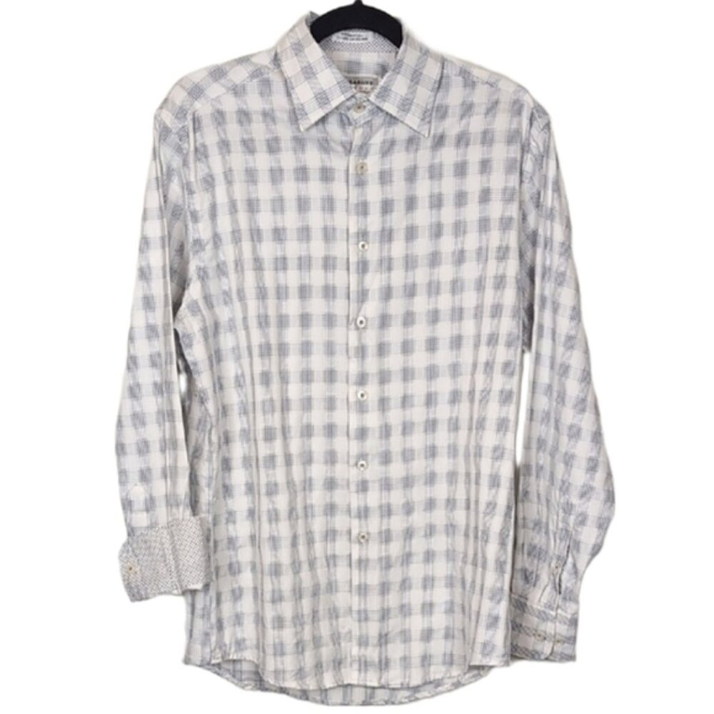 Jhane Barnes Modern Fit Button Down Shirt Checkered Plaid Cotton White Grey M